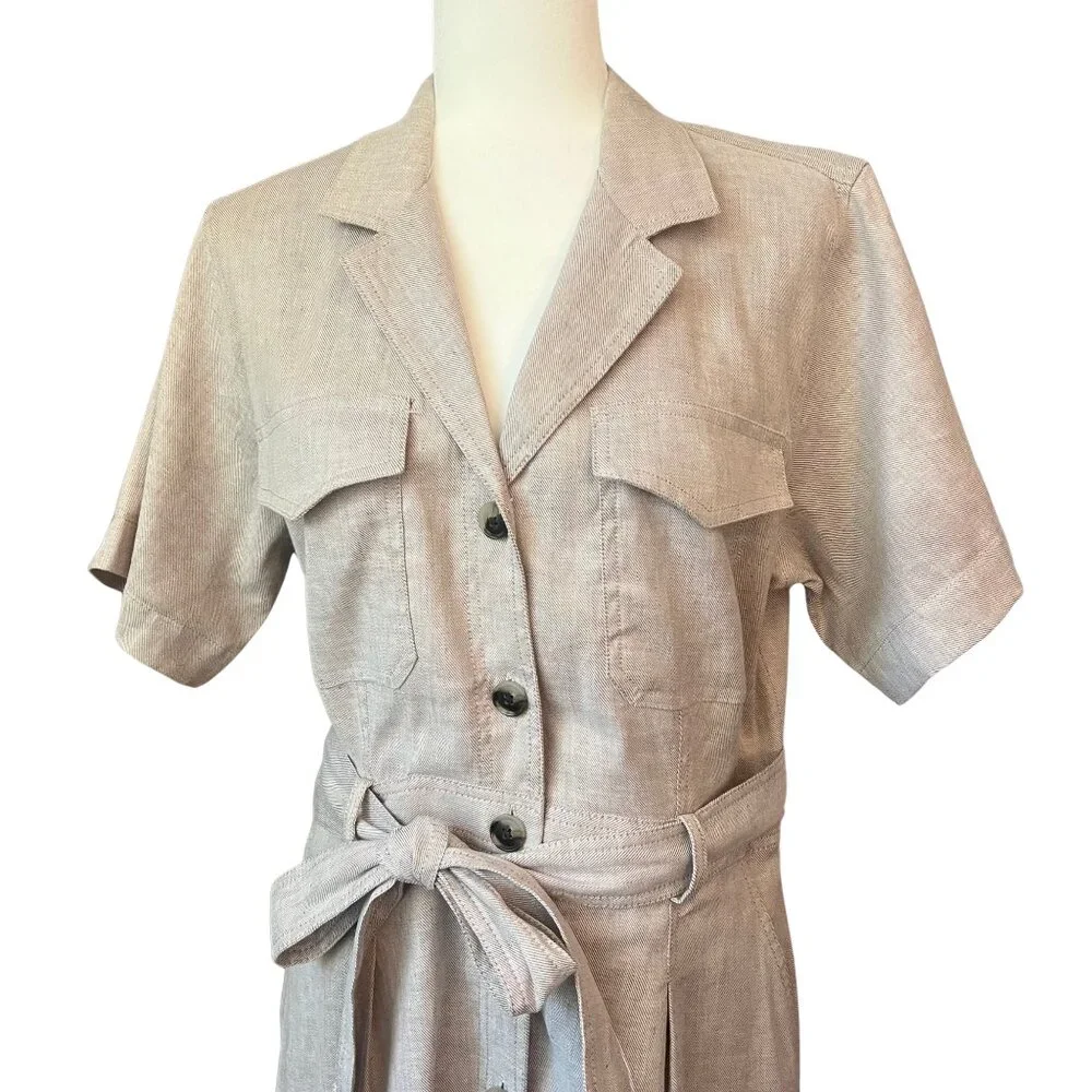 Banana Republic Linen Blend Belted Shirt Dress Khaki Beige Button Front Size 12 - Picture 2 of 7